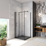 190cm Box Doccia Angolare Porta Battente Pieghevole con Parete Fissa in Vetro Temperato 5mm Anticalcare Barra Stabilizzatrice da 90cm Nera Opaca - Consegna gratuita
