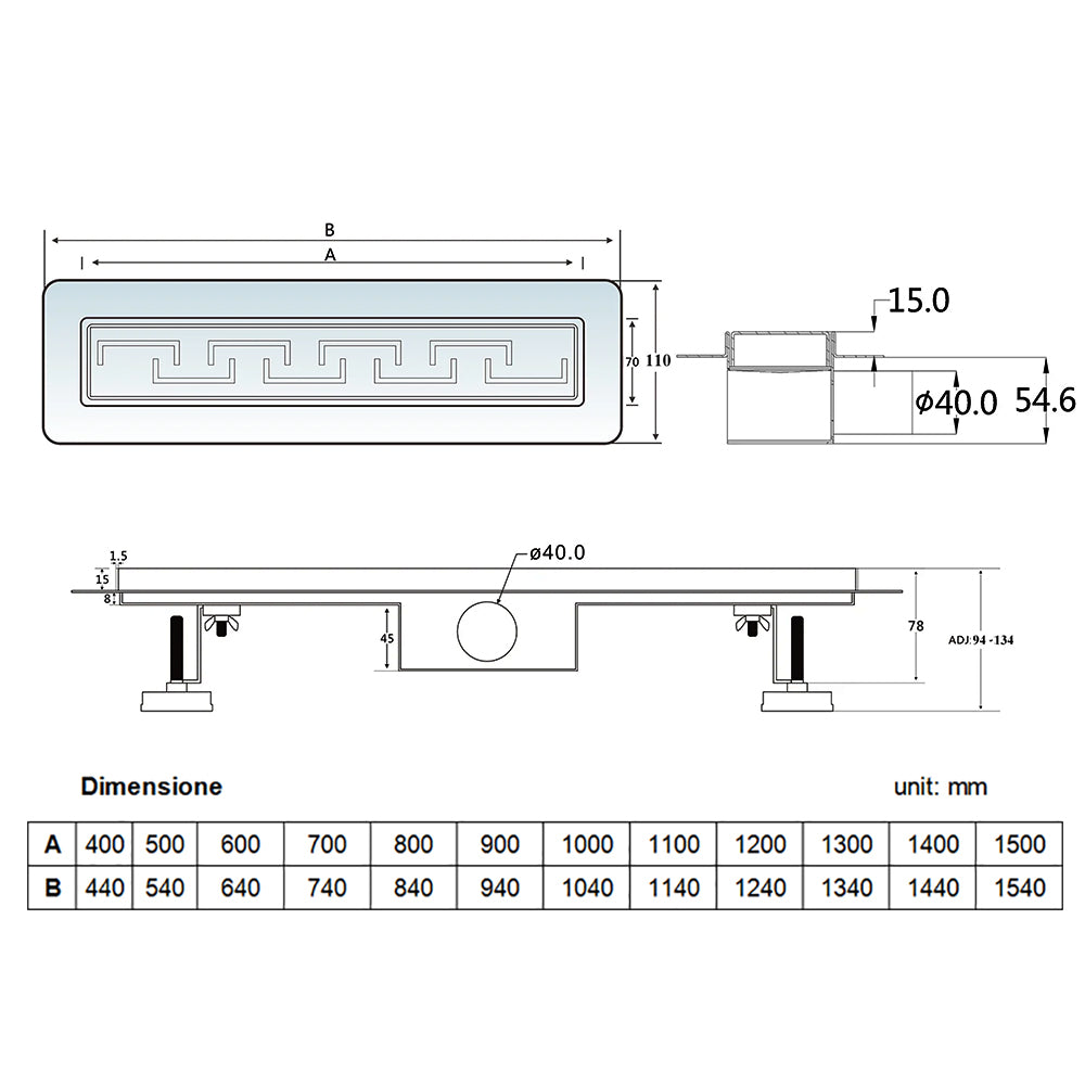 AICA ITALY Canaletta scarico doccia canalina scarico acciaio inox per box doccia a pavimento C tipo griglia