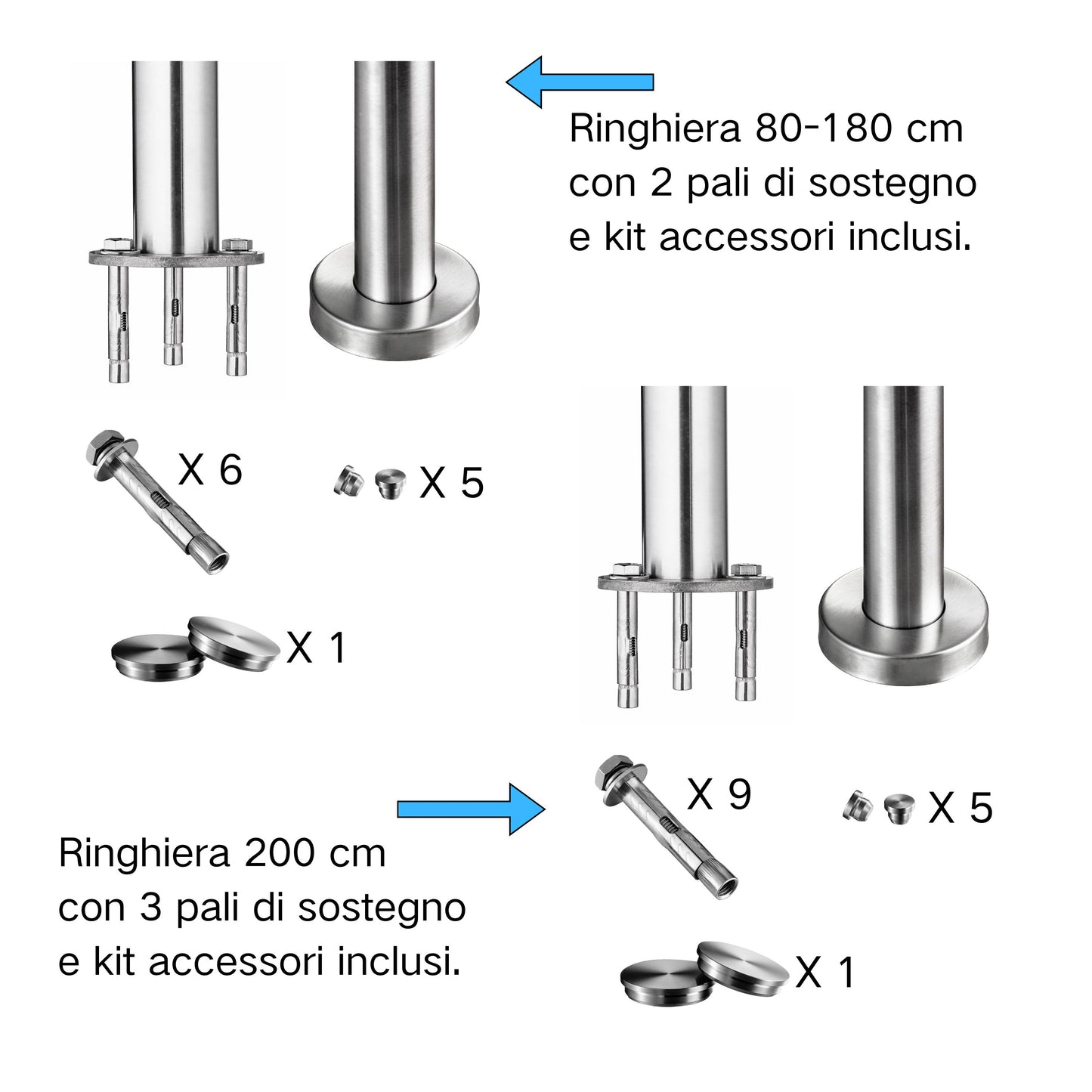 Balaustra Ringhiera Corrimano in acciaio inox 304 spazzolato 5 barre trasversali