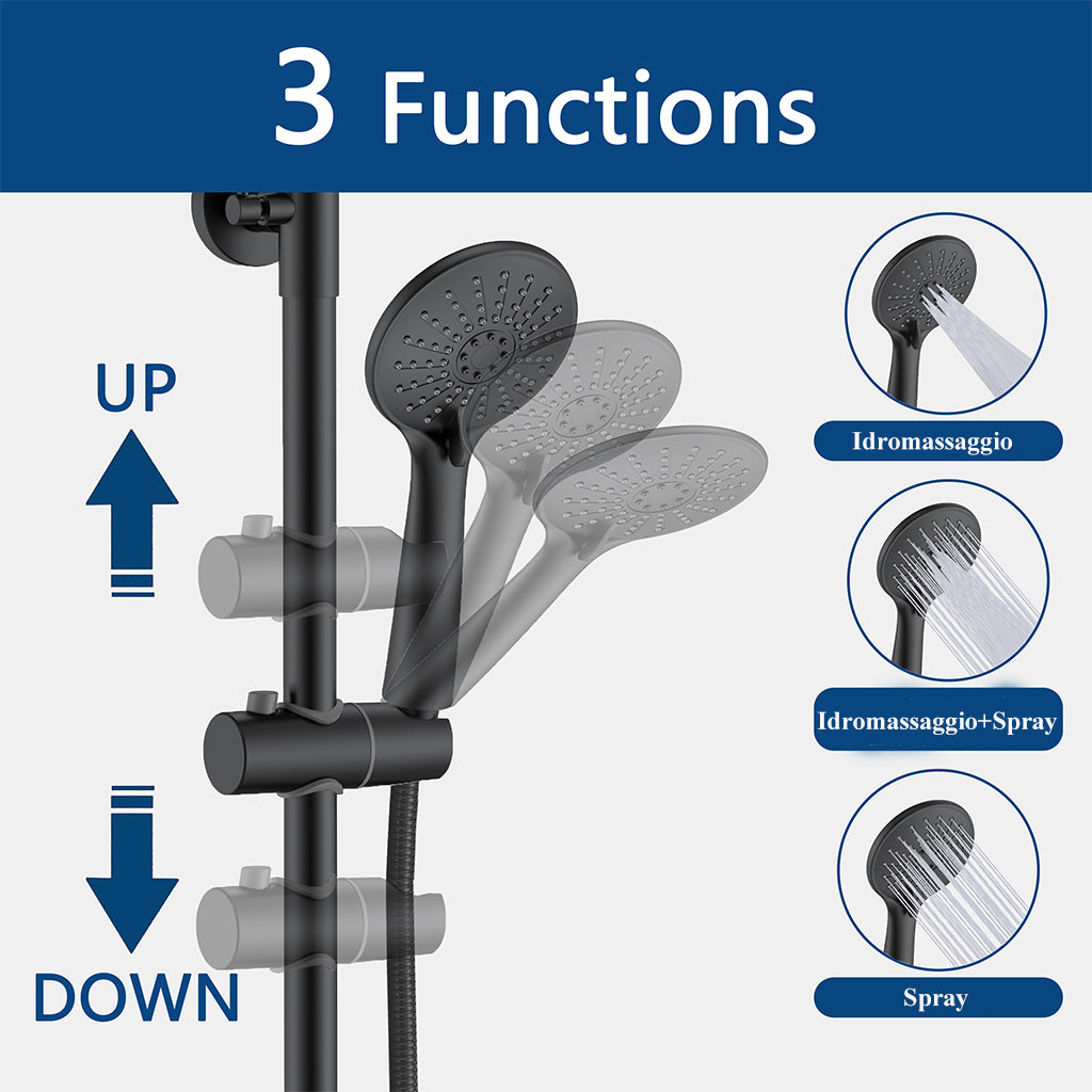 AICA Colonna Doccia con Miscelatore Termostatico, Set Doccia Completo, Rubinetto Doccia, Soffione Doccia Quadrato in Acciaio Inox, Altezza Regolabile, Matt Black / Cromato