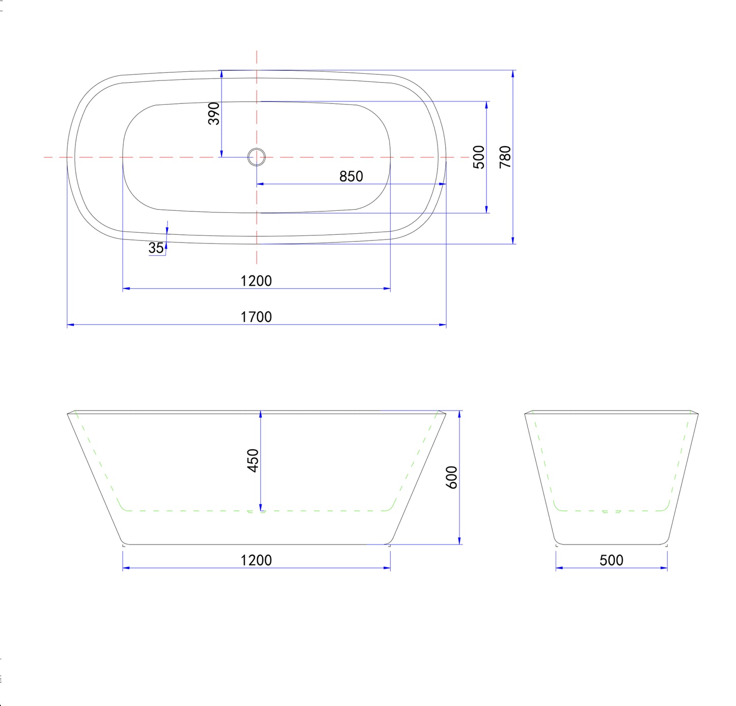Vasca da Bagno a Isola Freestanding in Acrilico da 150x72x60 /170x78x60cm, Colore Nero, Forma Ovale