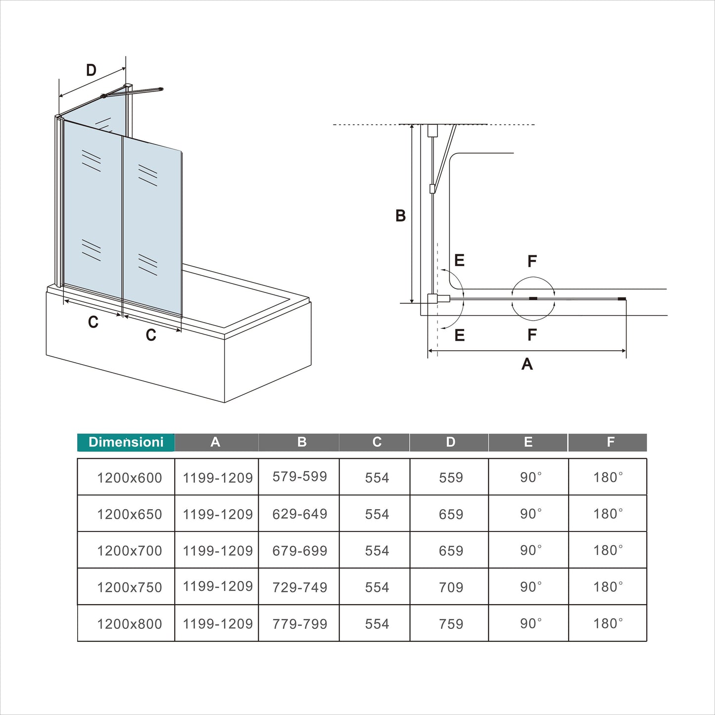 120cm Parete Doccia Sopravasca Angolare 2 Ante Pieghevoli Vetro con Parete Laterale 70-80cm Vetro Temperato Trasparente Telai Cromi Lucidi
