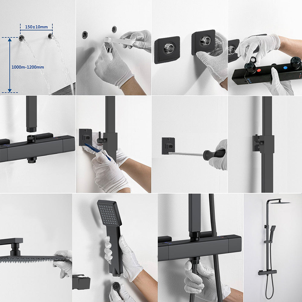 AICA Colonna Doccia con Miscelatore Termostatico, Rubinetto Doccia 300x45mm, Soffione Doccia Quadrato in Acciaio Inox 25x25cm, Altezza Regolabile, Set Doccia Completo, Nero opaco / Cromato