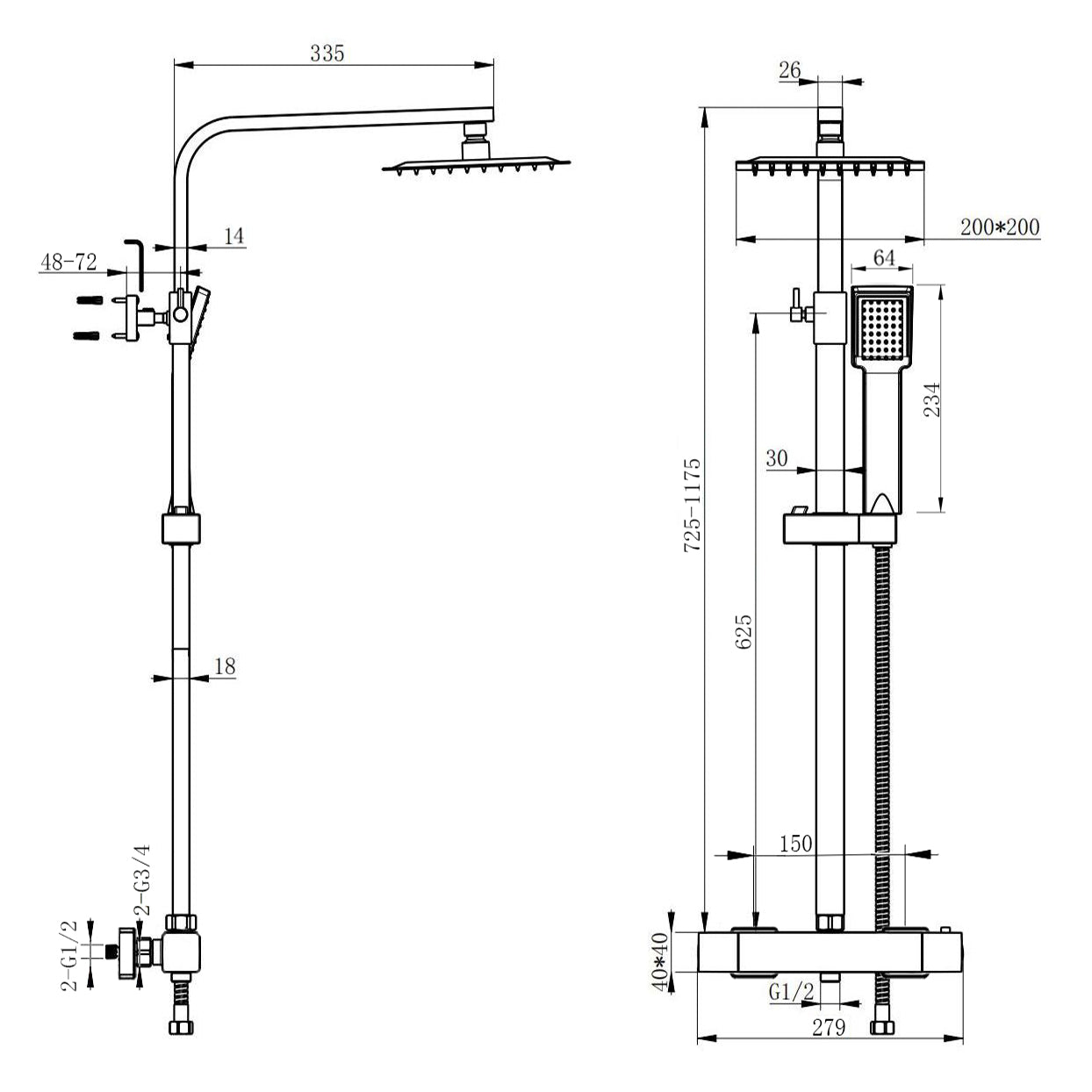 Doccia AICA con miscelatore termostatico e soffione quadrato 20x20 cm in acciaio inox, regolabile in altezza, colori disponibili: cromo o nero.