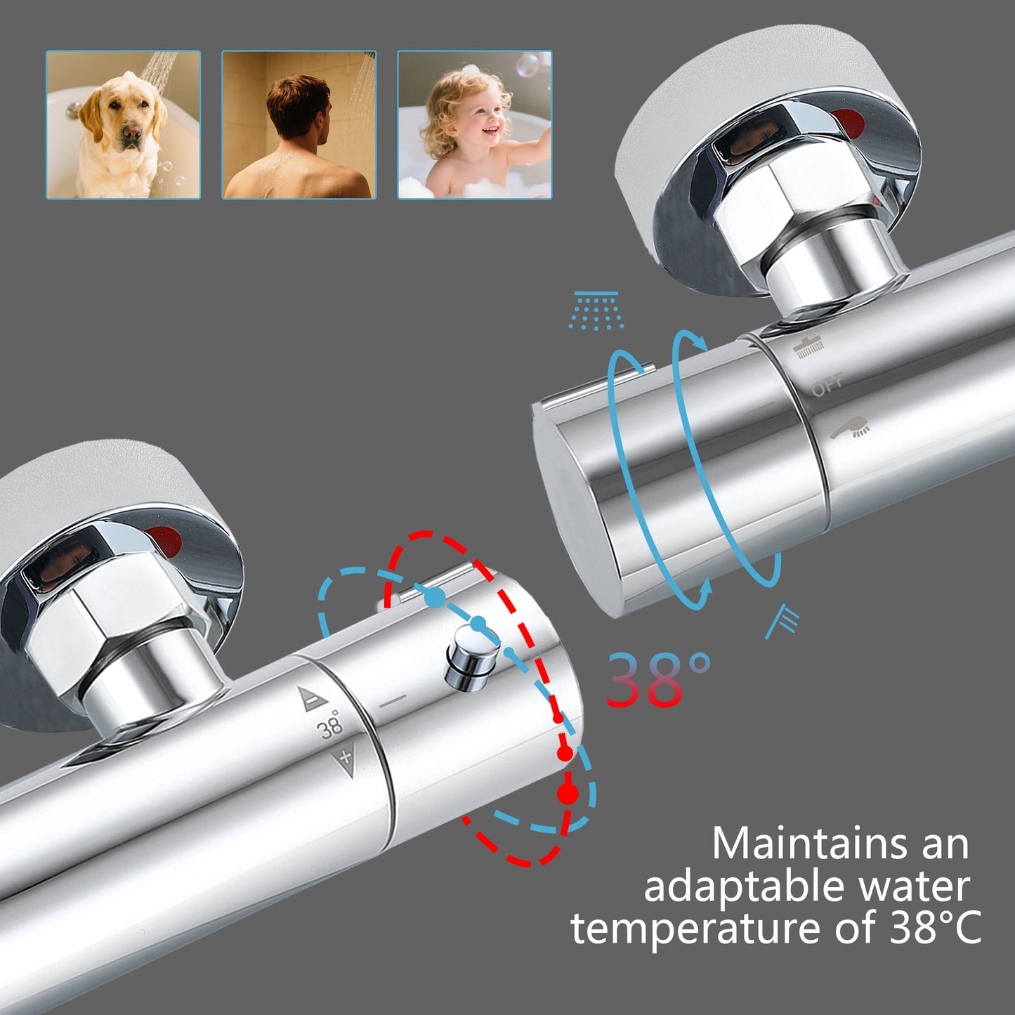 Sistema doccia AICA con miscelatore termostatico e soffione in acciaio inox da 20 cm di diametro, regolabile in altezza, color cromo.