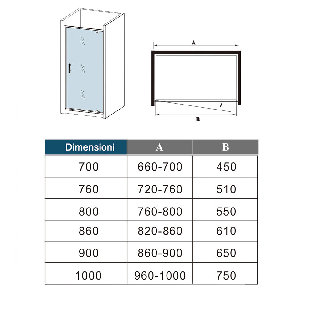 185cm Box Doccia per Nicchia Porta Girevole Battente Vetro Temperato 5 mm Trasparente Profili Cromati Lucidi Misura