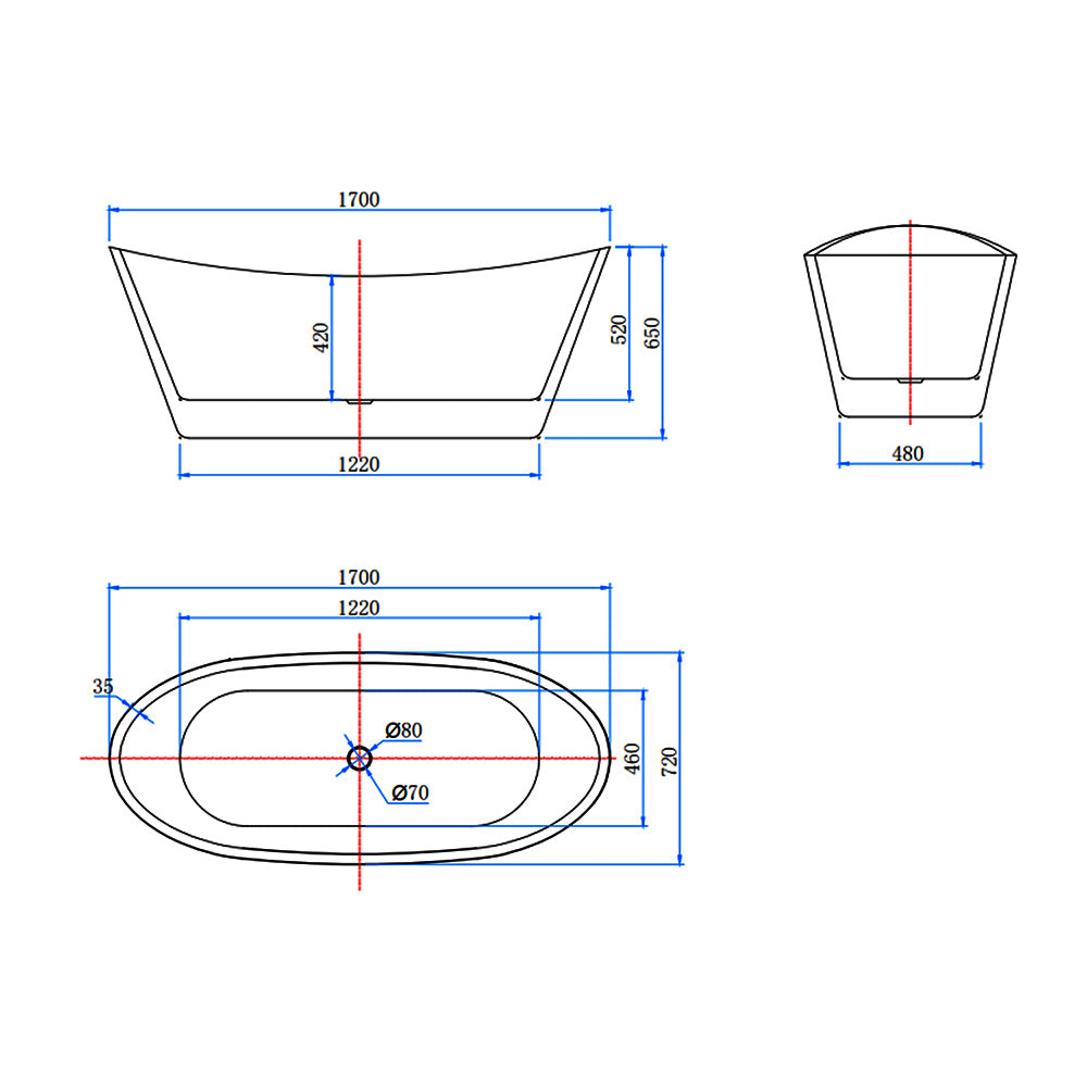 Vasca da Bagno a Isola Freestanding in Acrilico da 170x72x65 cm, Colore Bianco, Forma di Barca Ovale