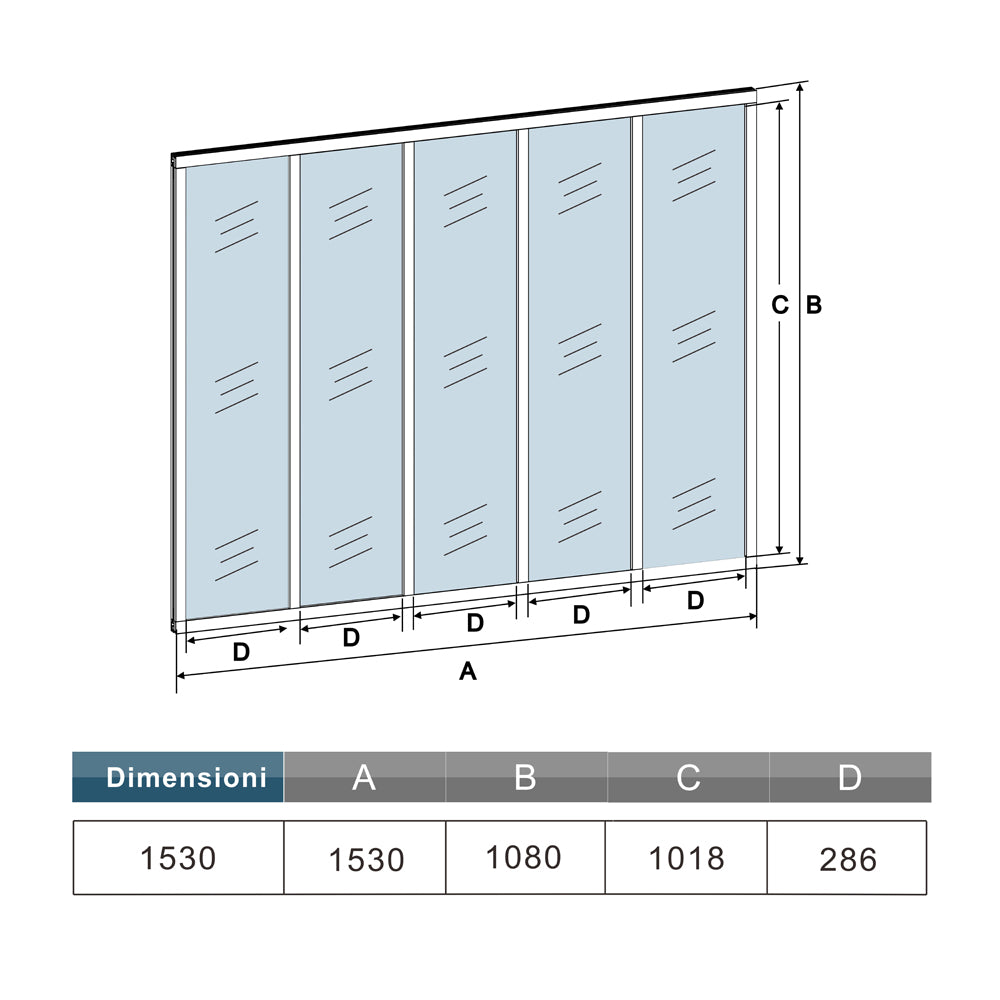 Parete Vetrata Interna 153x108cm in Vetro Temperato Trasparente da 4mm 5 Lastre Corniciate Profilo Nero Opaco Divisorio da Casa