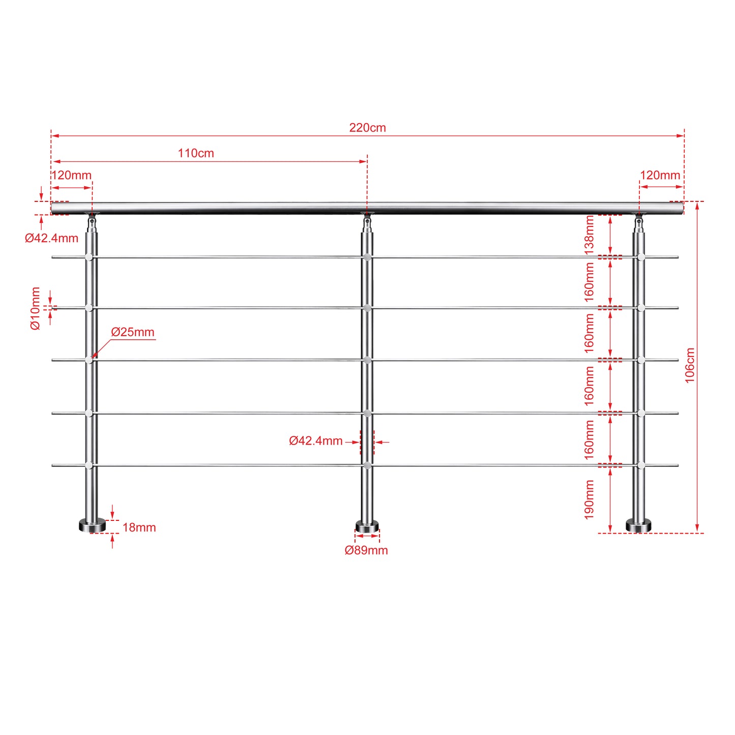Ringhiera universale in acciaio inox 80-100-120-150-180-200-220-240 cm con 5 barre trasversali 220x106cm