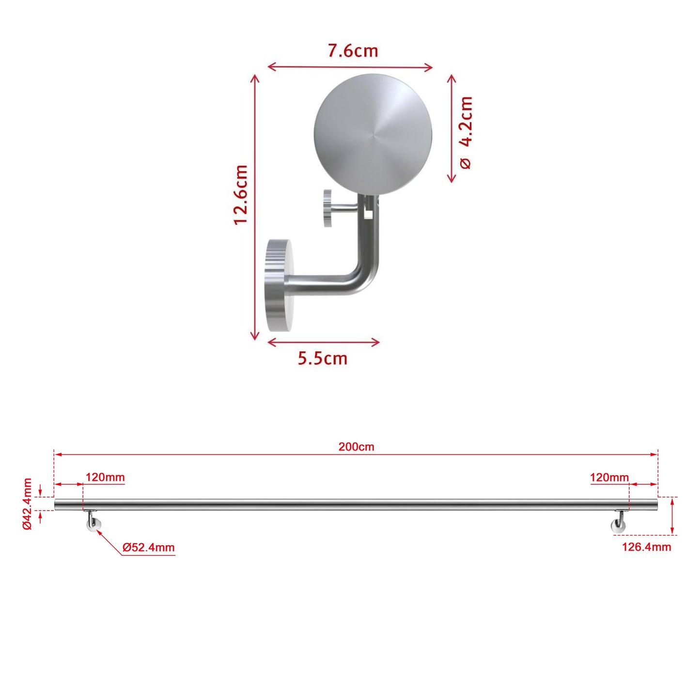 Corrimano in acciaio inox 304 spazzolato 80/100/120/150/180/200cm per interni ed esterni scale 200cm