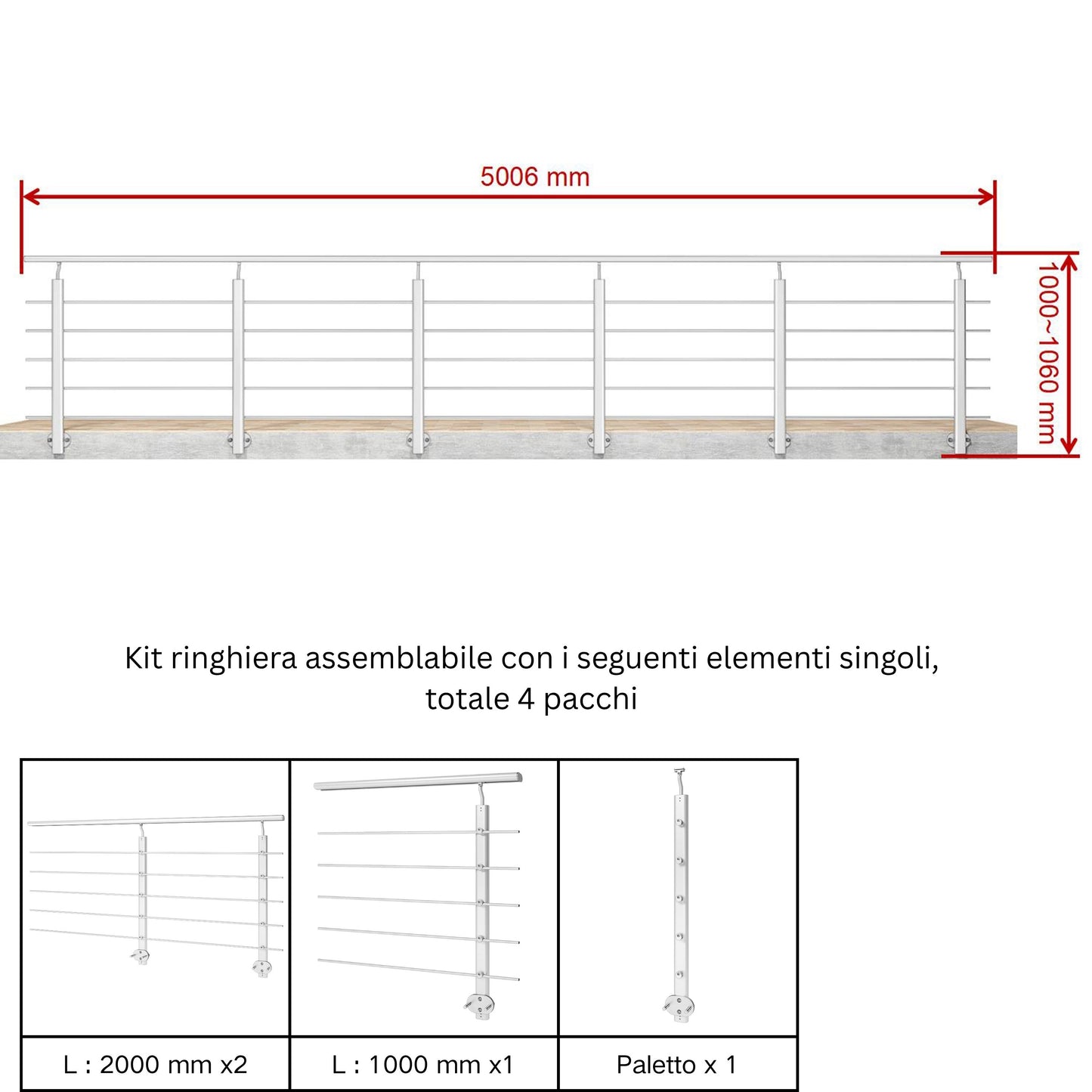 Ringhiera Balaustra in Alluminio Argento Opaco o Nero Opaco L. 100/150/200 cm a Montaggio a Parete, con Supporto di Collegamento a Parete#Argento