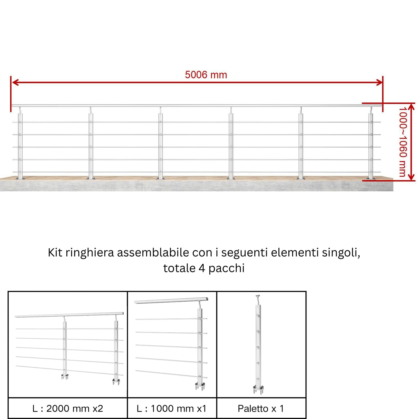 Ringhiera Parapetto in Alluminio Argento o Nero Opaco — Disponibile in 3 Misure: L. 100/150/200 cm — Montaggio a Pavimento per Interni ed Esterni#Argento