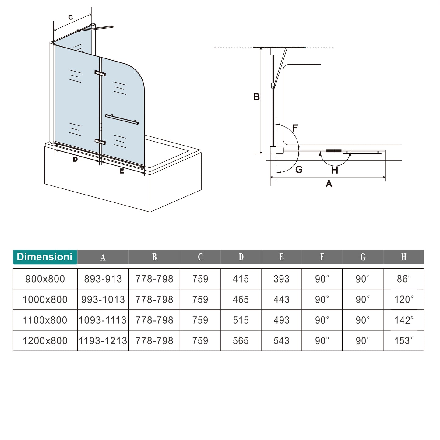 Parete Doccia Sopravasca Angolare 2 Ante Pieghevoli con Parete Laterale 65/70/75/80cm Vetro Temperato 6 mm Anticalcare Portasciugamani Cromato Lucido