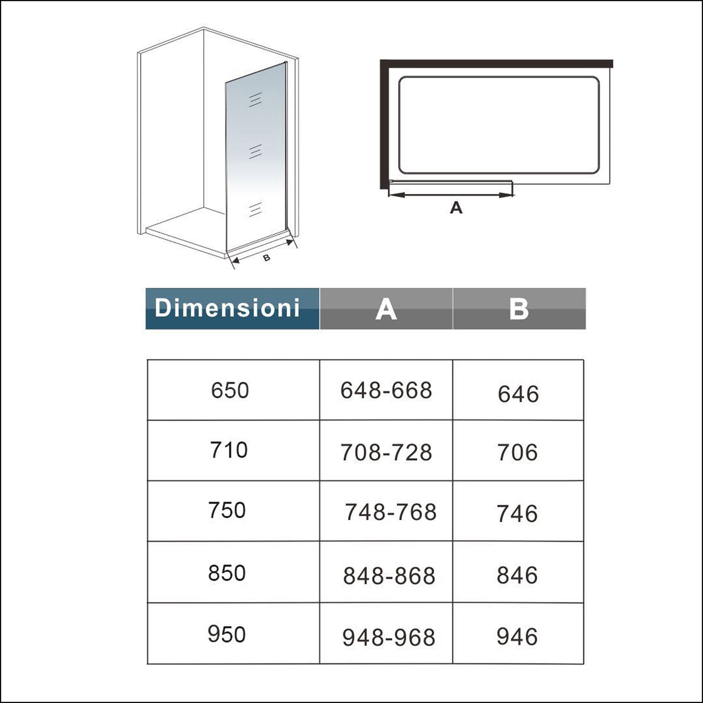 Aica 195cm Walk In Parete Per Doccia in Vetro da 6mm Temperato Trasparente Anticalcare Telaio in Cromato Lucido misure varie