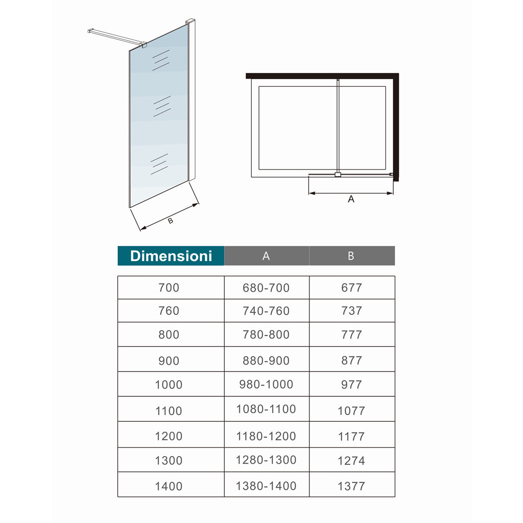 Box Doccia Walk In 80-90-100-120x190cm Vetro 8mm Anticalcare Trasparente Barra Stabilizzatrice da 90 cm Mensola Doccia 80-90-100-120cm