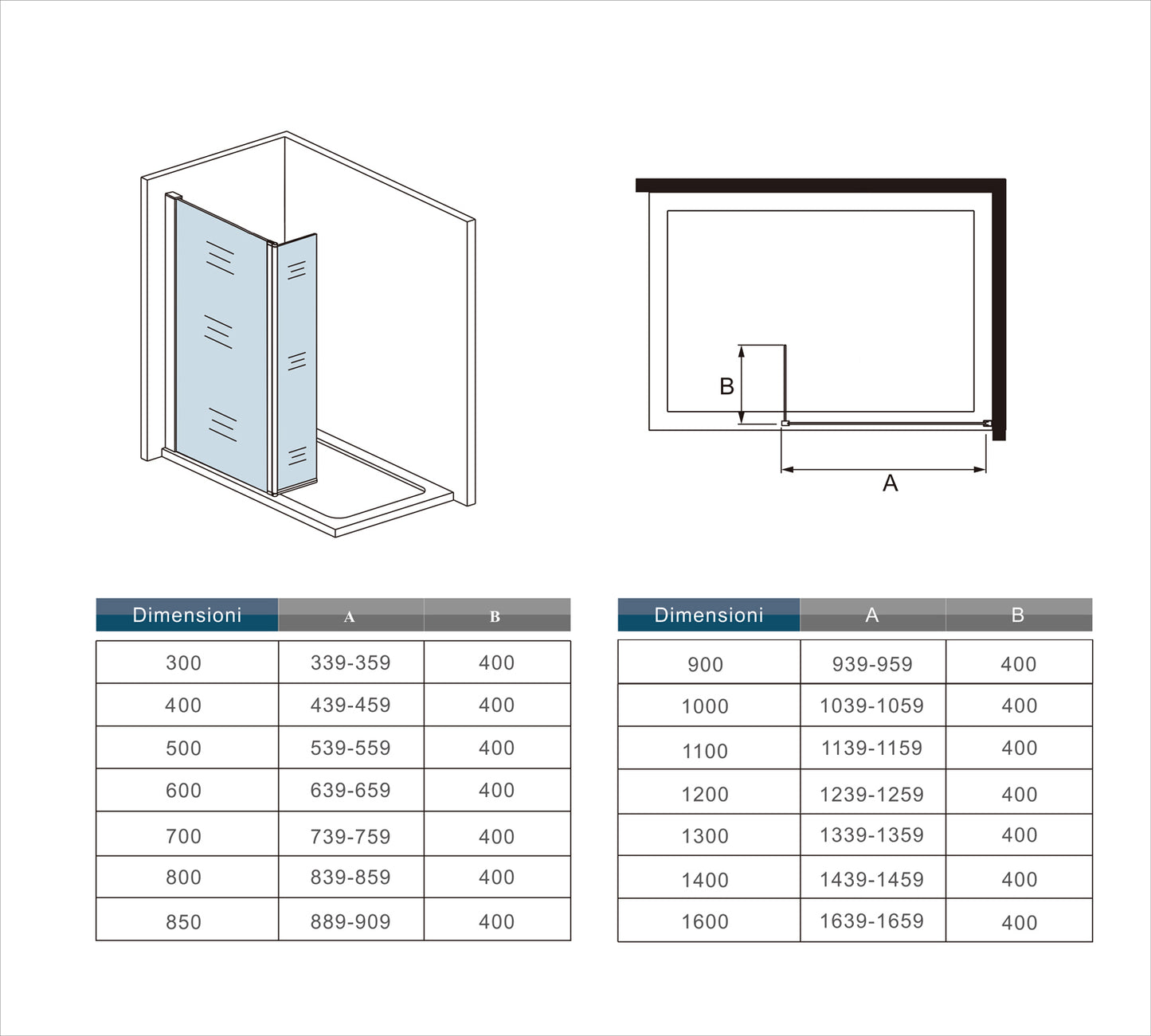 Box Doccia Walk in Due Pareti una Fissa+una Mobile Vetro 8mm Temperato Trasparente Anticalcare Barra Stabilizzatrice Nero Opaco