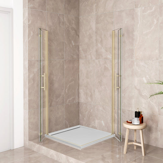 185cm Box Doccia Angolare Doppia Porta Battente Pieghevole Vetro Temperato Trasparente 6 mm Anticalcare Telaio Dorato Spazzolato