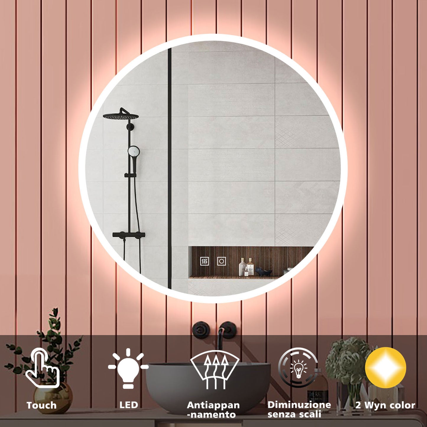 Aica Specchio Tondo LED da Bagno, Temperatura Colore Opzionale, Anti-appannamento, Facile da Installare,Tocco, IP44, Retroilluminato 80 Modello C