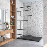 Aica 100-120x200cm Walk In Parete Per Doccia in Vetro Temperato 8mm Anticalcare Serigrafato Nero con Riquadri Barra Stabilizzatrice Nero Opaco - Consegna gratuita