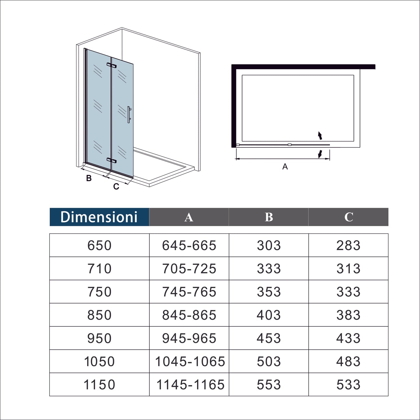 Walk in Parete Doccia Movibile 2 Pannelli Pieghevoli a Libro 65-115x190 cm in Vetro 5mm Trasparente Temperato Anticalcare Telaio Nero Opaco
