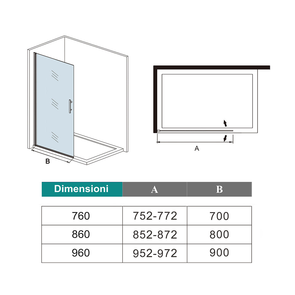 WALK IN Parete Doccia Movibile Battente Verso Interno e Esterno in Vetro 8 mm Trasparente Temperato Anticalcare Telaio Nero Opaco