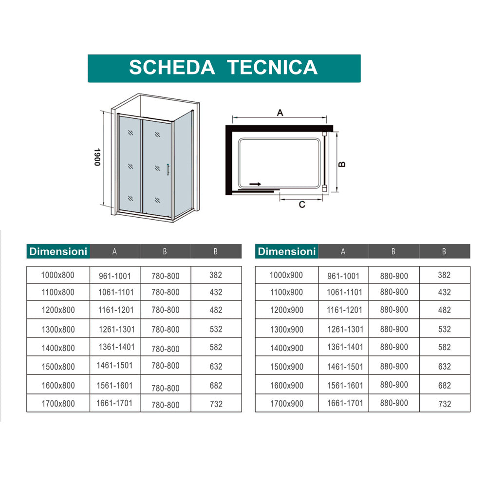 190cm Box Doccia Angolare Porta Scorrevole con Parete Fissa in Vetro Temperato Serigrafato Opaco Graduale Profili Cromato Lucido