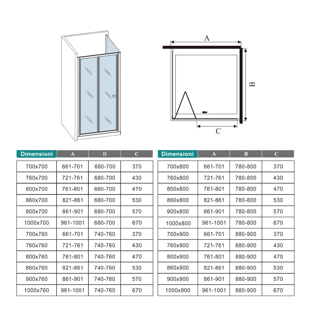 Aica 185cm Box Doccia Angolare Porta a Soffietto con Parete Fissa in Vetro Temperato Trasparente 5 mm Profilo Cromo Lucido