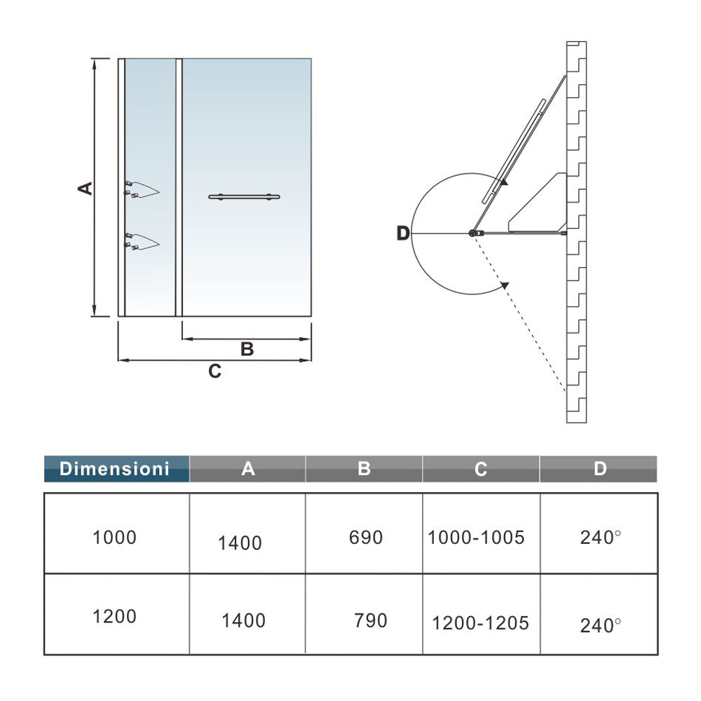 Aica 120x140 cm Sopravasca Parete Per Vasca Girevole 240° Vetro Temperato 6 mm Trasparente Due Ripiani/Mensole Maniglia Portasciugamani