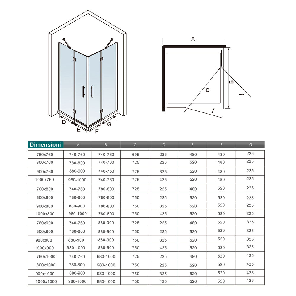 Aica 195 cm Box Doccia Angolare Doppie Porte Battenti Vetro 6 mm Temperato Anticalcare Trasparente Telaio Cromo Lucido varie dimensioni