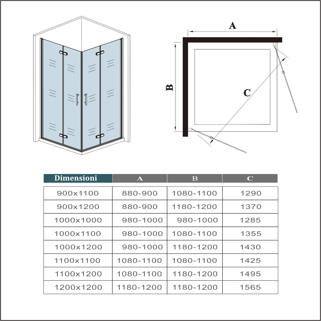 Aica 195 cm Box Doccia Angolare Due Porte Battente e Pieghevoli a Libro Vetro 6 mm Temperato Trasparente Anticalcare Telaio Cromato Lucido