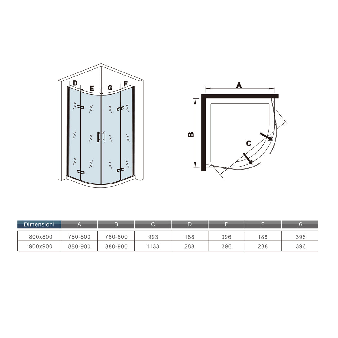 Aica 195 cm Box Doccia Semicircolare Due Porte Battenti Vetro temperato Trasparente Anticalcare 6mm Telaio Cromo Lucido varie dimensioni