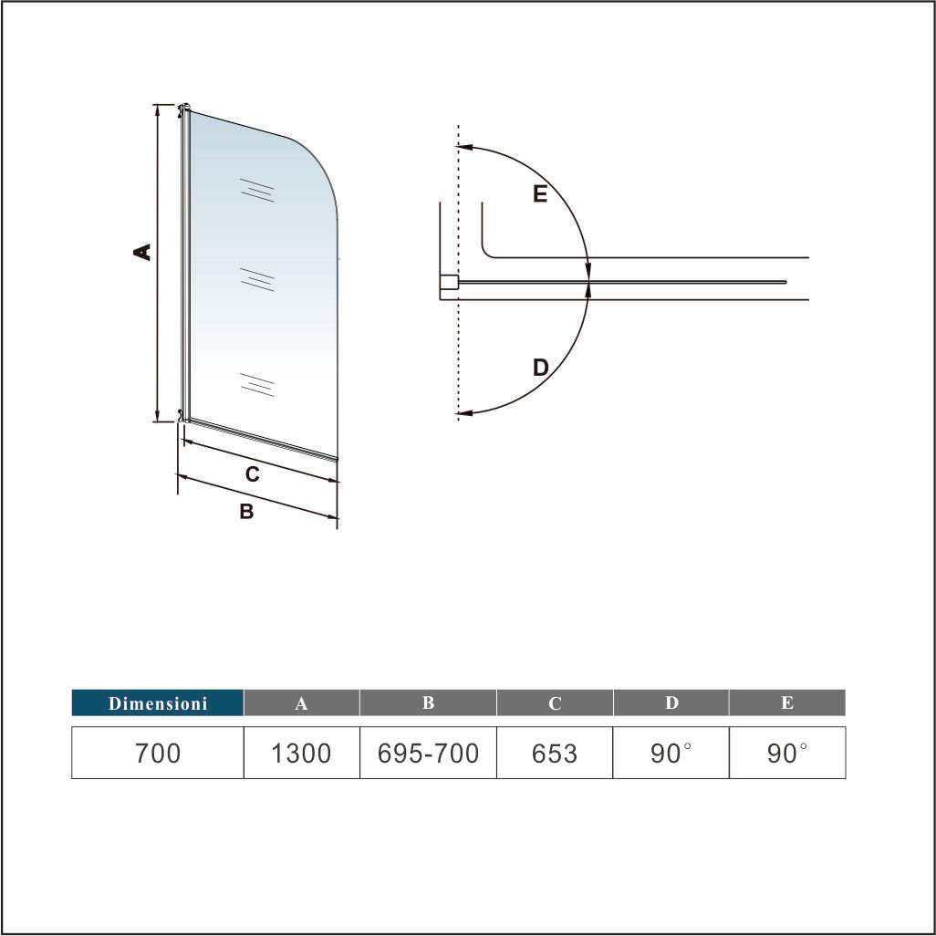 Aica Sopravasca Parete Per Vasca Girevole 180 Gradi in Vetro Temperato 5mm Trasparente Telaio Cromo Lucido 70x130 cm