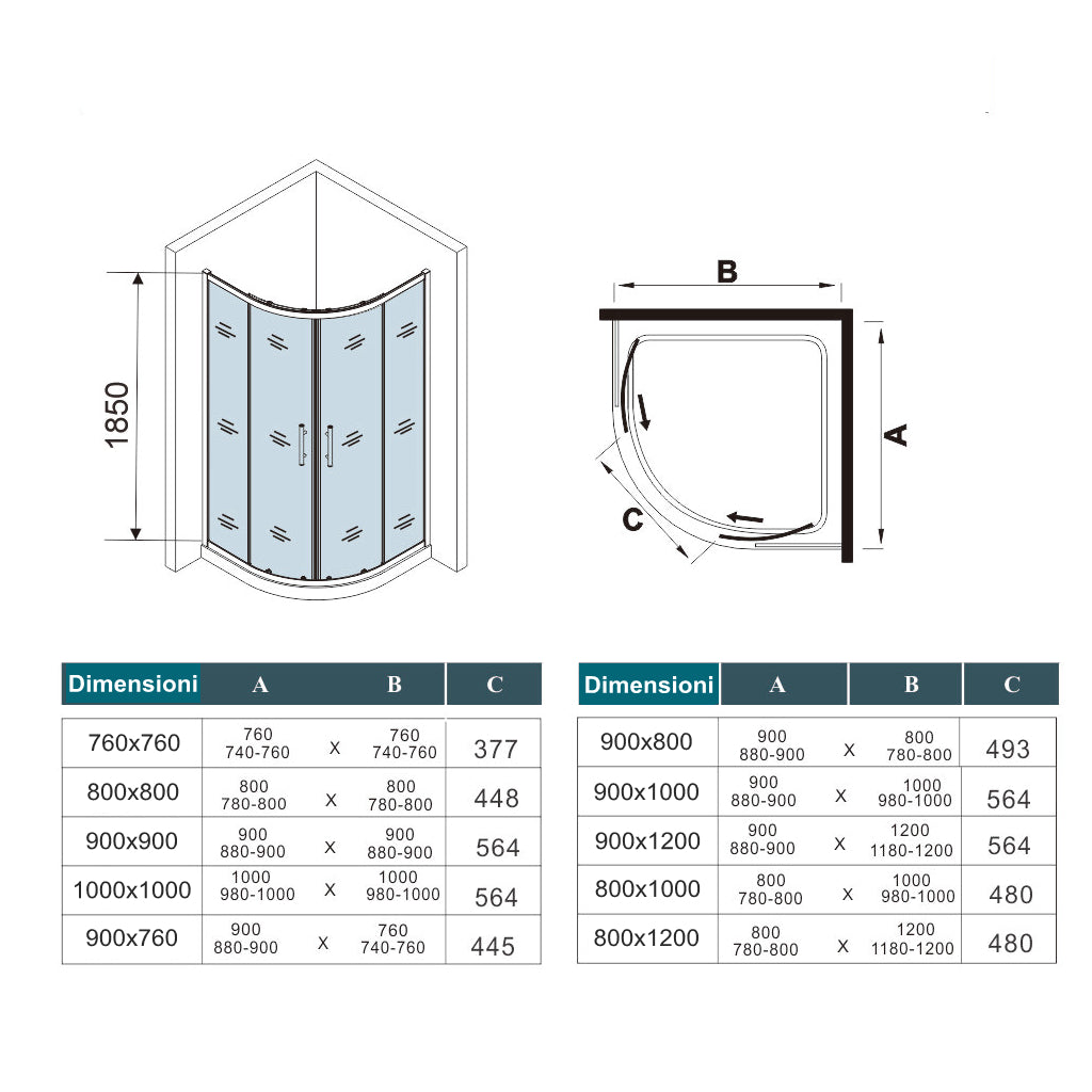 AICA 185 cm Box Doccia Semicircolare Porte Scorrevoli Vetro Temperato 6 mm Trasparente Anticalcare Telaio Cromato Lucido