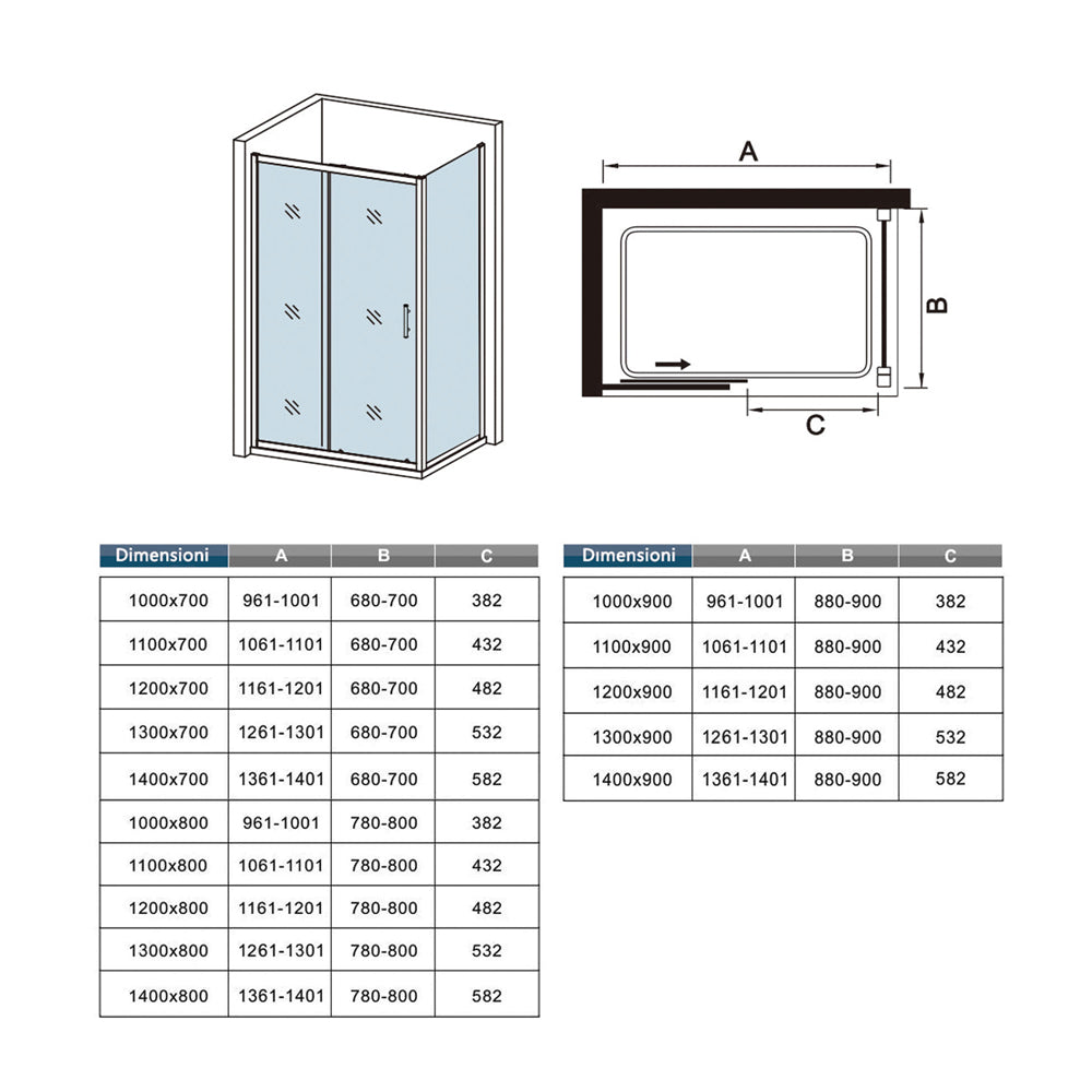 185cm Box Doccia Angolare Porta Scorrevole con Parete Fissa Vetro Temperato 5mm Trasparente Profilo Nero Opaco