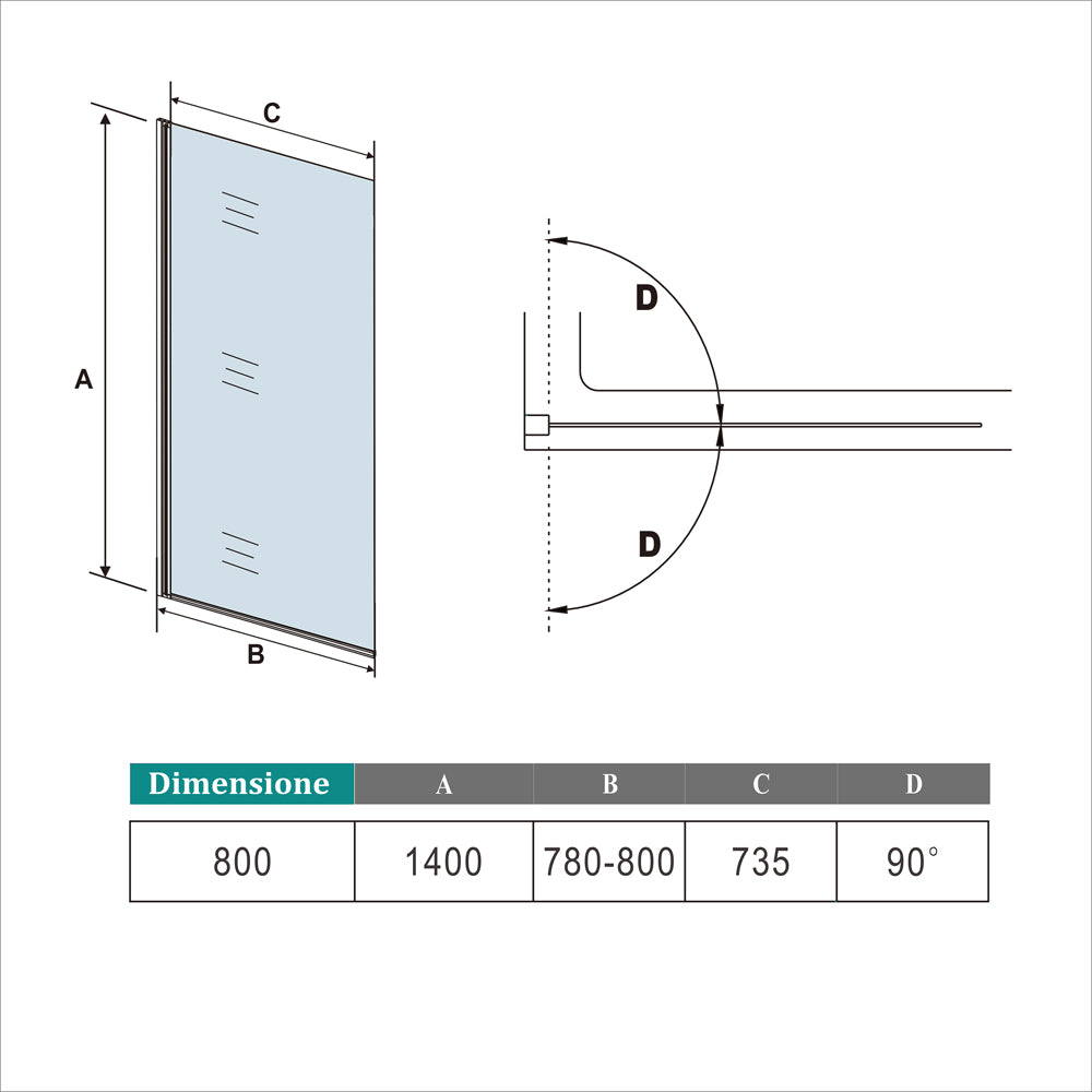 80x140cm Parete Vasca Doccia Sopravasca Singolo Pannello Girevole in Vetro Temperato 6 mm Trasparente Telaio Nero Opaco