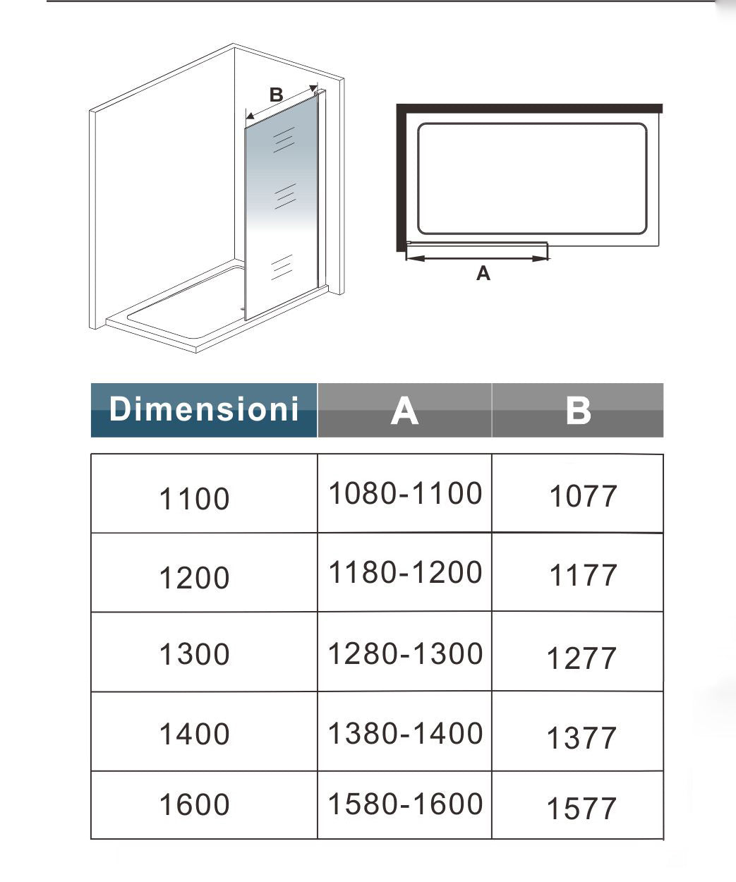 Aica 200cm Parete Per Doccia Walk In Vetro Temperato Trasparente Anticalcare 10mm Con Barra Stabilizzatrice