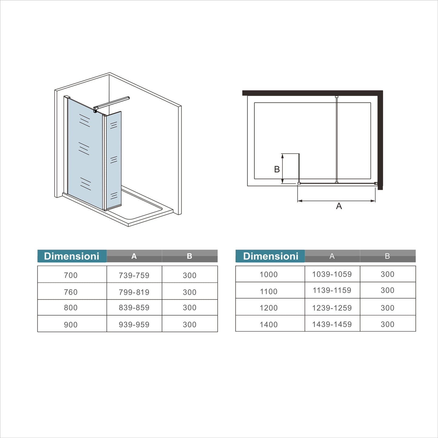 Aica Walk In 190 cm Parete Per Doccia con Paretina Mobile 30 cm in Vetro 8 mm Temperato Anticalcare Barra Stabilizzatrice da 90 cm
