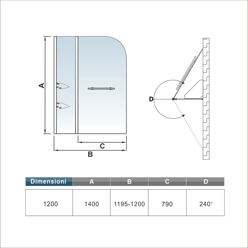 Aica 120x140 cm Sopravasca Parete Per Vasca Girevole 240° Vetro Temperato 6 mm Trasparente Inclusi Due Ripiani Maniglia Portasciugamani