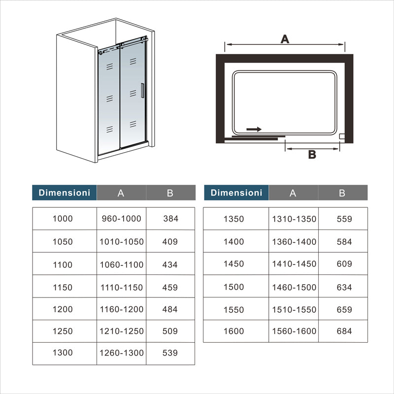 Aica 195 cm Porta Doccia Per Nicchia Anta Scorrevole Ingresso Laterale Vetro 8mm Temperato Trasparente Anticalcare Cromato Lucido