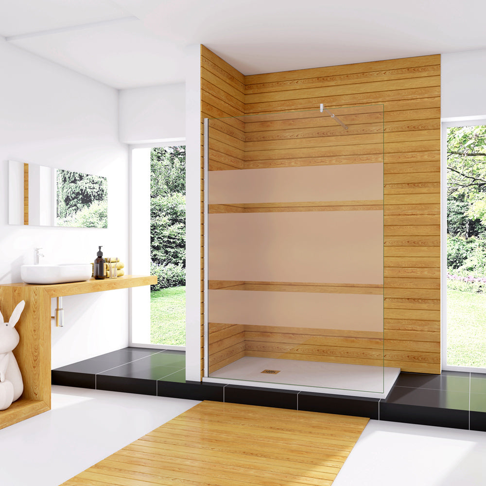 Box Doccia Walk In Parete Fissa in Vetro Temperato 6 mm Anticalcare Multi Fasce Satinate Opache con Barra Stabilizzatrice Regolabile da 70cm a 120cm