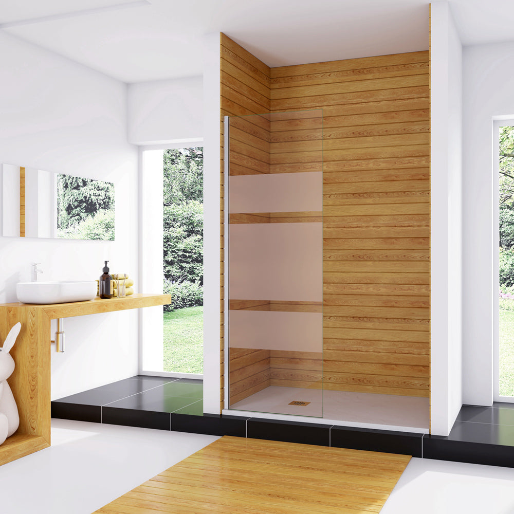 Box Doccia Walk In Parete Fissa in Vetro Temperato 6 mm Anticalcare Multi Fasce Satinate Opache con Barra Stabilizzatrice Regolabile da 70cm a 120cm Senza Braccio