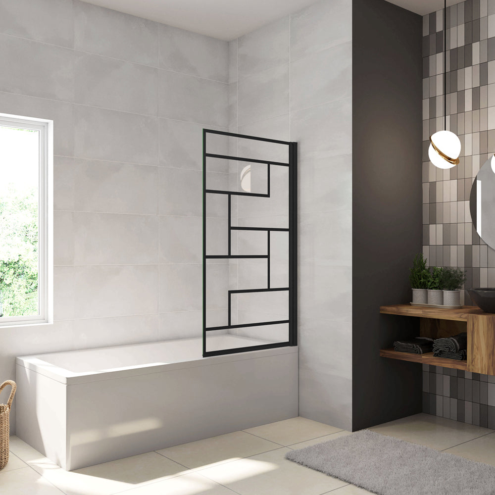 80x140cm Parete Vasca Doccia Sopravasca Singolo Pannello Girevole in Vetro Temperato 6mm Trasparente con Riquadri Neri