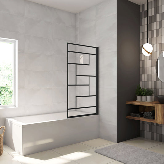 80x140cm Parete Vasca Doccia Sopravasca Singolo Pannello Girevole in Vetro Temperato 6mm Trasparente con Riquadri Neri