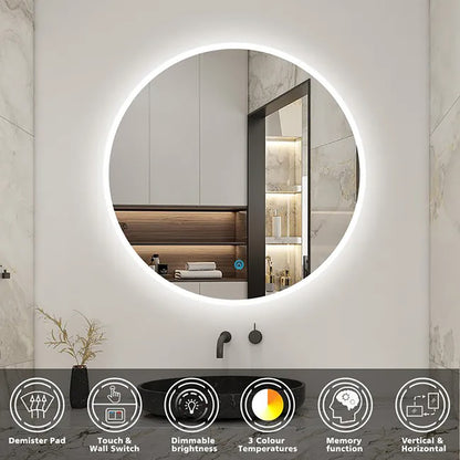 Specchio Da Bagno Rotondo Da 90cm con LED. Antiappannamento. Touch. 3 Temperature Colore