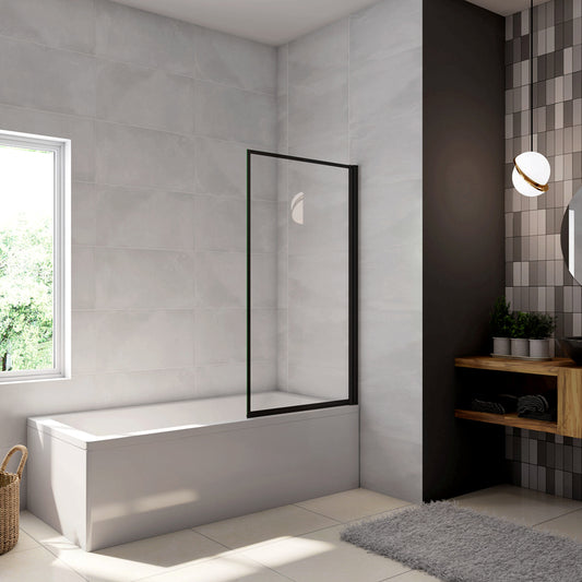 Parete Vasca Doccia h.140cm Sopravasca Anta Girevole in Vetro Temperato 4mm Trasparente con Bordo Nero Serigrafato 70