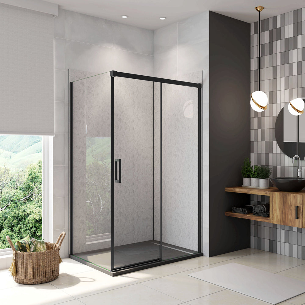 195cm Box Doccia Angolare Porta Scorrevole con Parete Fissa Vetro 8mm Temperato Anticalcare Trasparente Profilo Nero Opaco Softclose