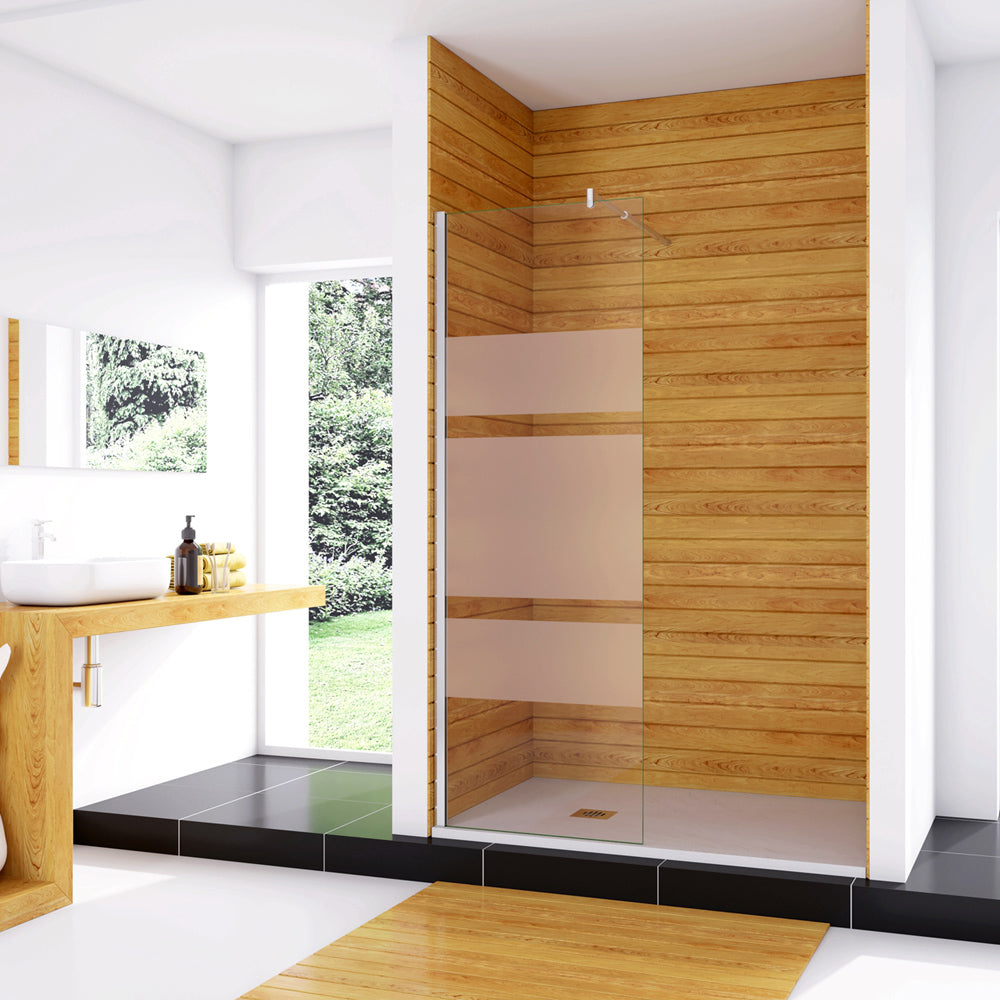 Box Doccia Walk In Parete Fissa in Vetro Temperato 6 mm Anticalcare Multi Fasce Satinate Opache con Barra Stabilizzatrice Regolabile da 70cm a 120cm