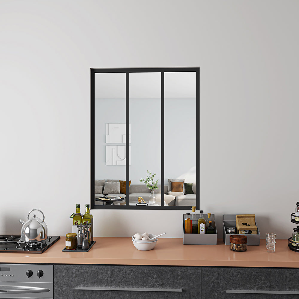 Parete Vetrata Interna 93x108cm in Vetro Temperato Trasparente da 4mm 3 Lastre Corniciate Profilo Nero Opaco Divisorio da Casa