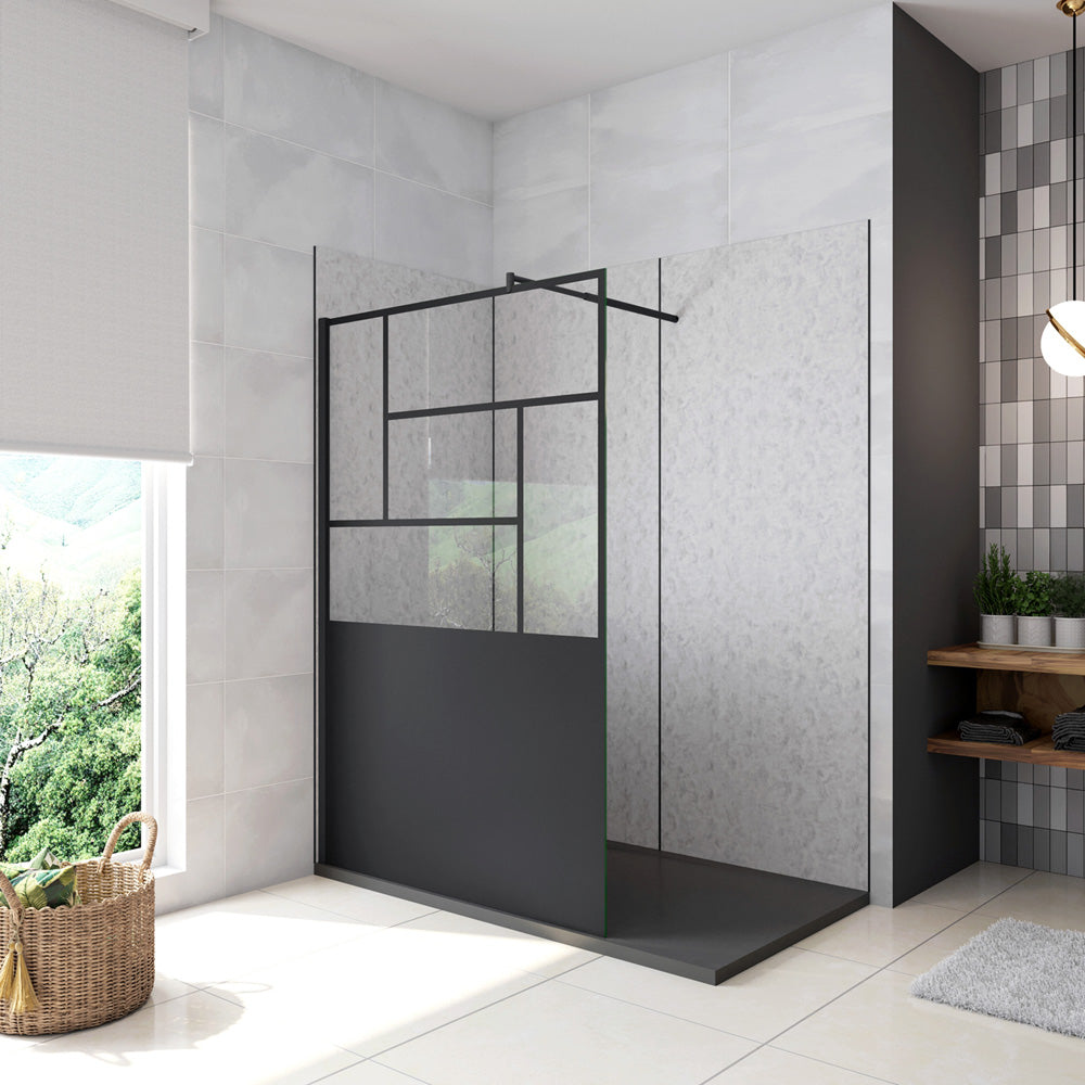Doccia Walk In Parete Fissa Vetro Temperato 8mm Anticalcare 90-120 x200cm Semitrasparente Riquadri Nero Serigrafato Barra stabilizzatrice da 70-120cm circolare