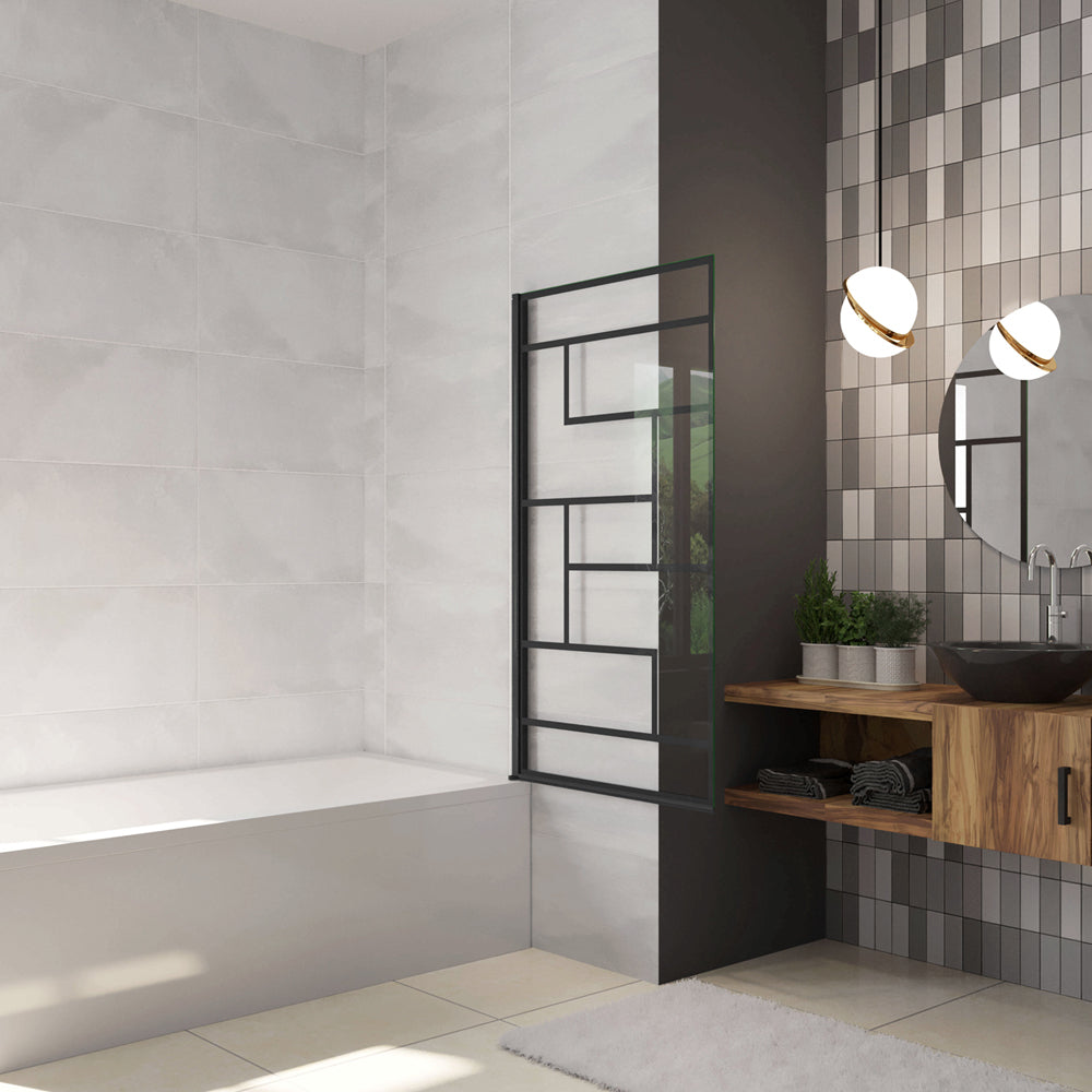 80x140cm Parete Vasca Doccia Sopravasca Singolo Pannello Girevole in Vetro Temperato 6mm Trasparente con Riquadri Neri